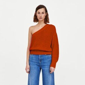 ZARA KNIT RED ASYMMETRIC SWEATER WITH TRIMS MEDIUM